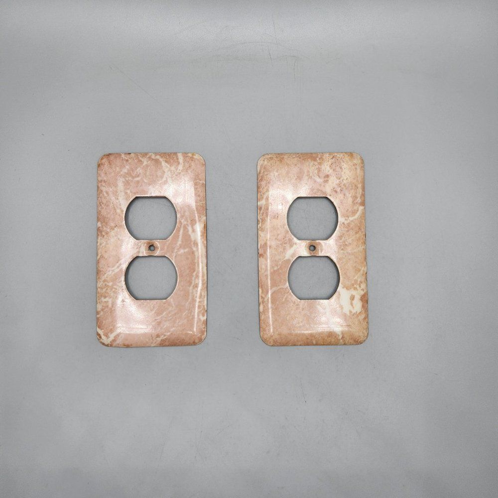 Metal 3D Outlet Wall Plate Cover Tan Marble Look Lot of 2 Bathroom Kitchen
